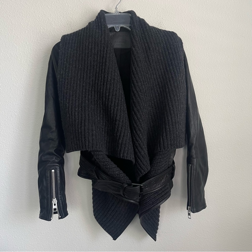 All Saints Black Leather & Knit Draped Jacket